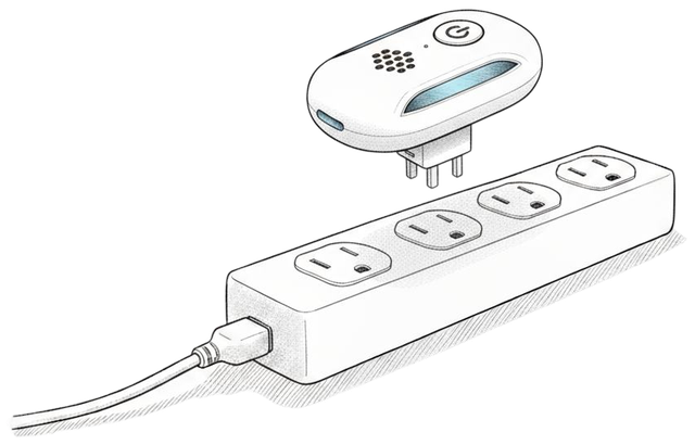 PestRx held above a power strip, which should not be used